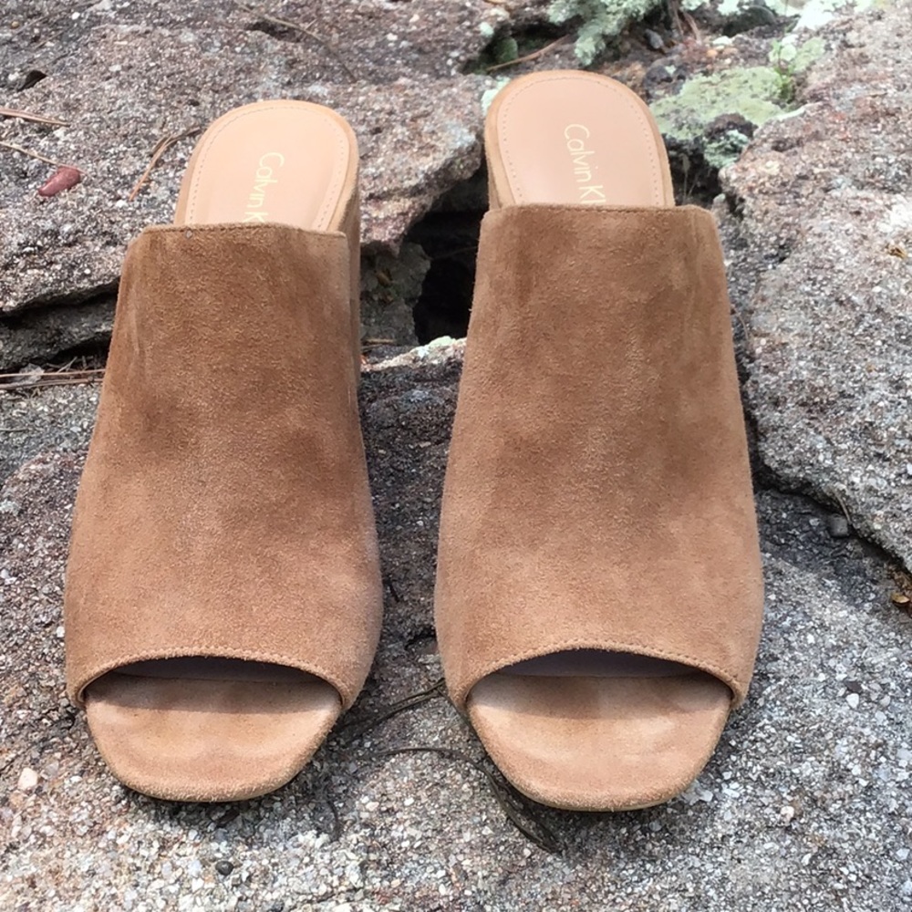 Calvin Klein Sand Colored Suede Mules